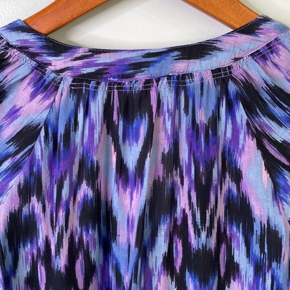 Beachlunchlounge Purple Ikat Boho V-Neck Popover Blouse Top Balloon 3/4 Sleeve - Picture 9 of 16